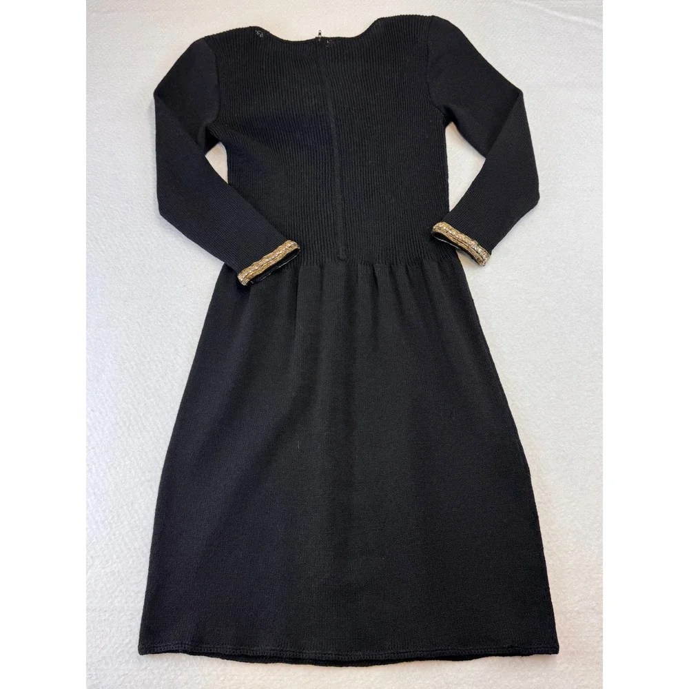 VTG‎ 80 DON SAYRES Black Knit Beaded Statement Neckline Long Sleeve Midi Dress 6